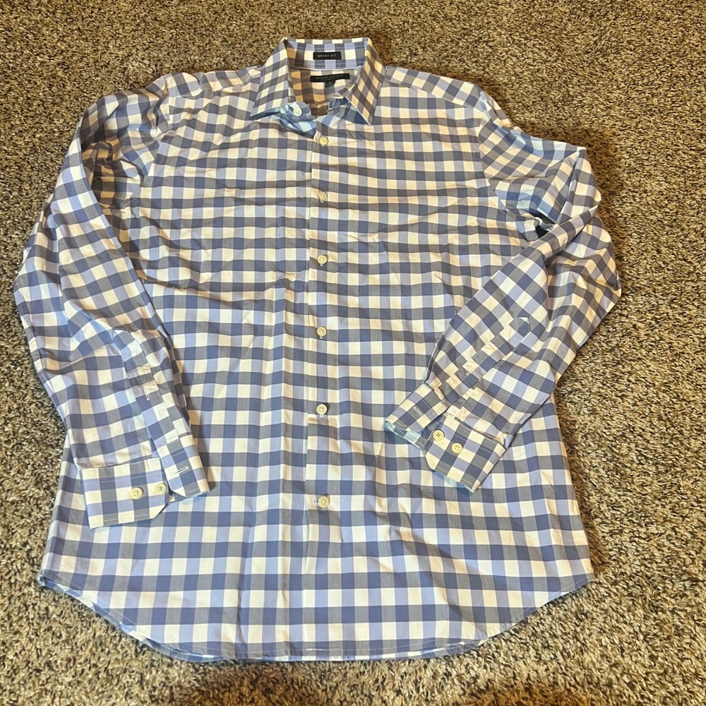Banana Republic Grant Fit Blue White Gingham Check Dress Shirt Mens Large